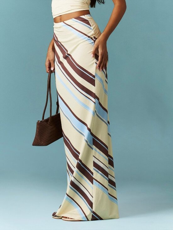 Dresses & Skirts - Multicolor Boho Women's Diagonal Stripe High Waist Bodycon Maxi Skirt